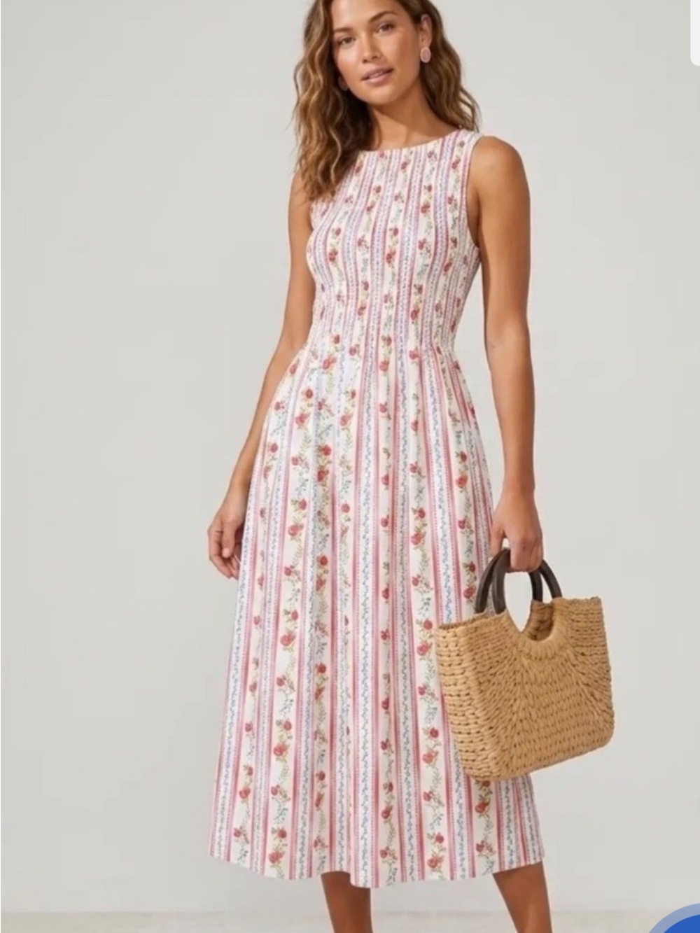 Caroline Constas Pink Floral/Pomegranate Stripe Sleeveless Midi Dress